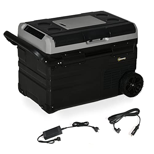 Outsunny 12V Car Fridge, 2 Zone 37 Quart Portable Compressor Electric Cooler with Wheels, Pull-up Handle, Cutting Board for Outdoor, Driving, Travel