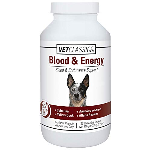 Vet Classics Blood & Energy Support for Dogs, Supports Endurance with Spirulina, Yellow Dock, & Alfalfa Support Formation of Hemoglobin and Myoglobin, 120 Chewable Tablets