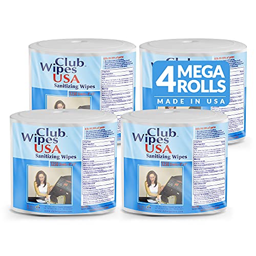 Club Wipes USA Sanitizing Wipes: 5000 Unscented Wipes (8" x 5"): 4 Refill Mega Rolls for Floor Stand and Wall Dispensers - For Gyms, Restaurants, Offices