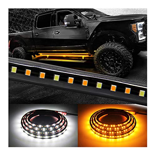 Truck LED Running Board Lights Amber Side Marker Kit, White Courtesy Lights Extended Crew Cab 2pc 48Inch 144 Led Bar Bed Light Switchback Underglow Strip for Pickup Trucks SUV Car Work (48Inch Board)