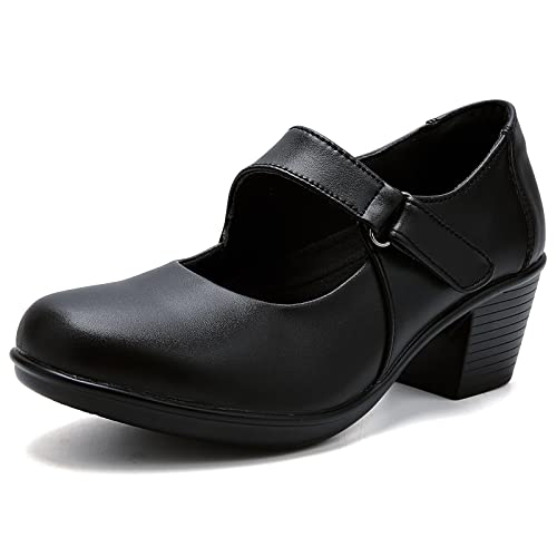 UZB Mary Jane Shoes Womens Pumps Leather Heels Casual Work Dress Flight Attendant Shoes, Black, 10 US