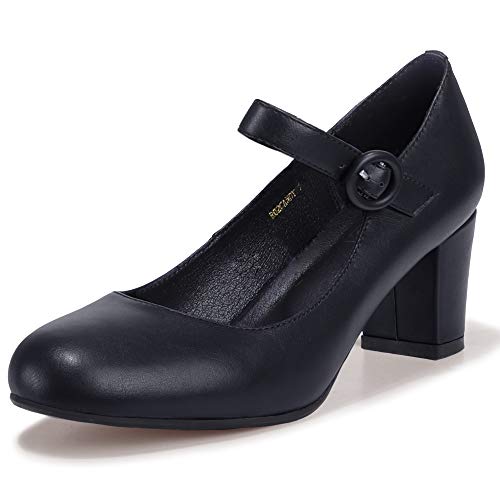 IDIFU Women's Candy Dress Mary Jane Shoes Low Block Heels Closed Round Toe Office Work Church Wedding Pumps(Black Pu, 8)