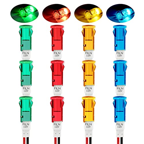 FILN 12 Pcs 10MM 110v 120v indicator LED Plastic Indicator Light dash Lights Pilot Signal with Red Green Blue Yellow Signal Light(110V-220V 3Red+3Green+3Yellow+3Blue 12 Pcs