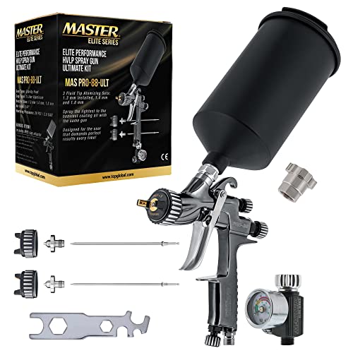 Master Elite PRO-88 Series Elite Performance HVLP Spray Gun Ultimate Kit with 3 Fluid Tip Sets 1.3, 1.4 and 1.8mm and Air Pressure Regulator Gauge, MPS Cup Adapter - Automotive Basecoats, Clearcoats