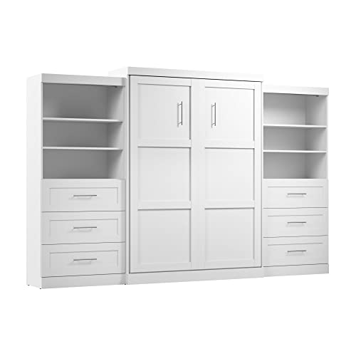 Bestar Pur Murphy Bed and 2 Shelving Units with Drawers (136W) in White, Queen