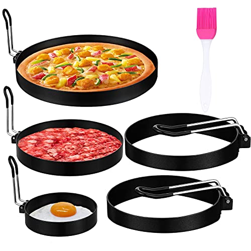 5 Pieces Stainless Steel Egg Rings with Silicone Oil Brush Egg Cooking Rings Pancake Non Stick Ring Mold for Breakfast Pancakes Fried Eggs Omelette Sandwich Burger (8 Inch, 6 Inch, 4 Inch, 3.5 Inch)
