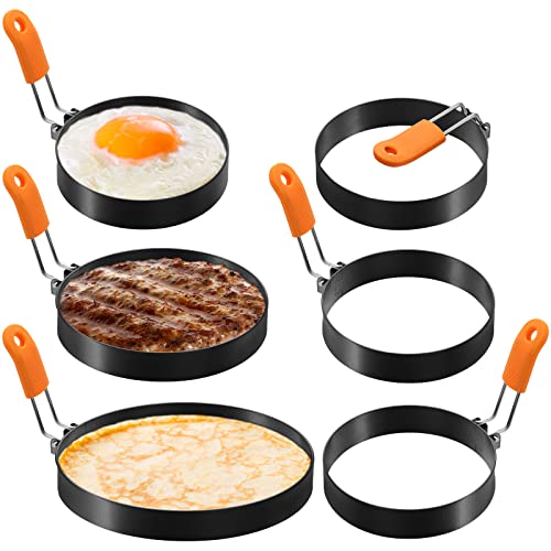 6 Pcs Professional Egg Ring Pancake Ring Set Stainless Steel Fried Egg Ring Griddle Pancake Shapers with Orange Silicone Handle for Breakfast Omelette Sandwich(Egg Ring4 Inch, 6 Inch, 8 Inch)