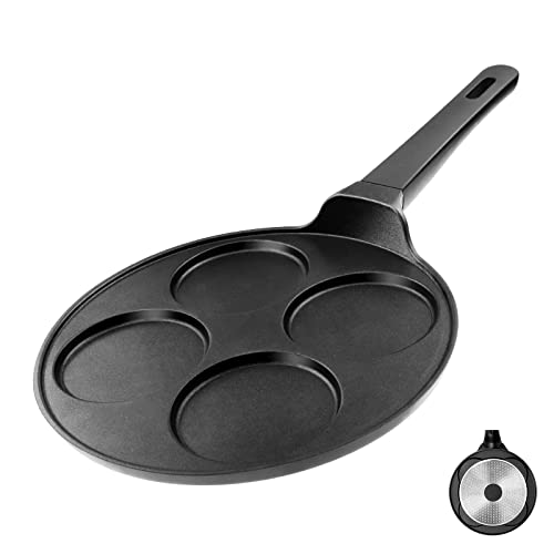 CAINFY Pancake Pan Nonstick-Suitable for All Stovetops & Induction Cooker, 10.5 Inch Mini Silver Dollar Grill Blini Griddle Crepe Pan, 4 Molds Cake Egg Skillet, 100% PFOA Free Coating