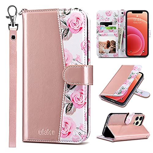 ULAK Compatible with iPhone 13 Pro Max Wallet Case for Women with Credit Card Holders, Designed Flip PU Leather Kickstand Shockproof Protective Phone Cover for iPhone 13 Pro Max 6.7 inch, Rose Gold