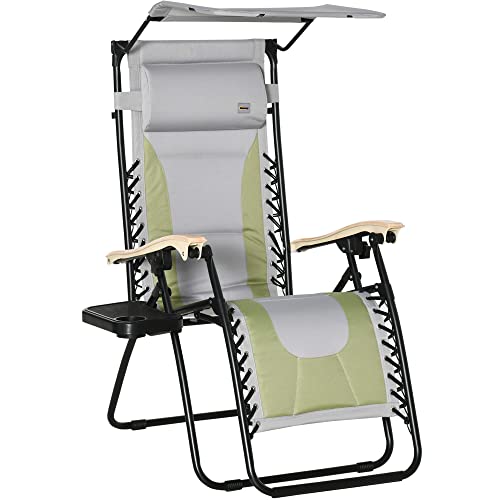 Outsunny Folding Zero Gravity Outdoor Recliner Patio Lounge Chair, Canopy Sun Shade, Headrest, Table Tray, Oxford Fabric, Green