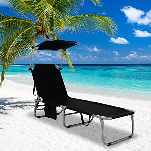 Tangkula Outdoor Folding Chaise Lounge Chair, 5-Fold Reclining Beach Chair, Patio Recliner Chair w/ 360 Canopy Shade & Side Storage Pocket, Portable Chaise Lounge for Beach, Sunbathing (1, Black)