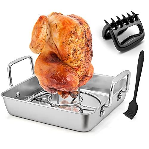 LIANYU Roasting Pan with Beer Can Chicken Holder, Stainless Steel Roaster Pan for Grill Smoker or Oven, Heavy Duty Lasagna Veggies Cooking Tray, Plus Meat Claws & Brush, Dishwasher Safe, 5 Pieces