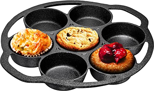 Bruntmor Premium Cast Iron 7-Cup Biscuit Pan, Large Muffin Pan,Round Kitchen Non Stick Baking Tool for Scones, Cornbread, Muffins, cup cakes and Brownies, Perfect for Christmas eve,Black