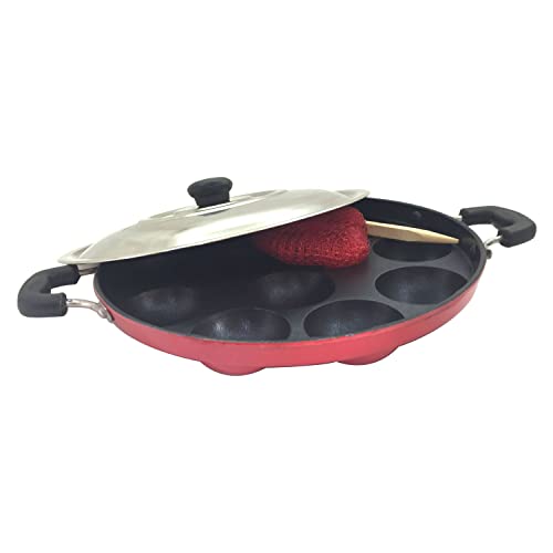 DBY Appam Pan Non Stick Appam Patra 12 Pits Appam Maker Appam Patra Paniyaram Pancake Pastry Pan Appachetty with 2 Side Handle And Stainless Steel Lid