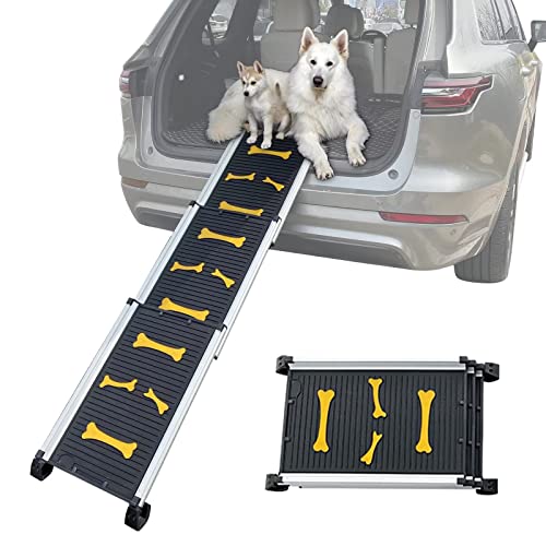 HOXWELL Collapsible Dog Ramp Telescopic Pet Ramps for Large Dogs SUV and Car, Portable Non-Slip Car Ramps for Small, Medium Dog, Anti-Resistant with Rubber Bone Pattern, Adjustable Length 28 to 62
