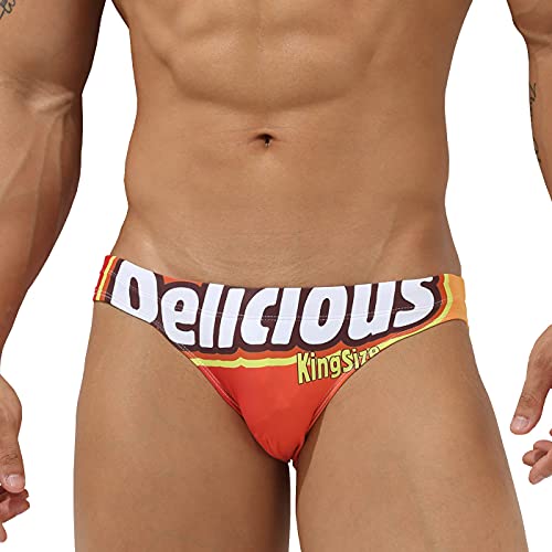 EASEJUICY Mens Swim Briefs Sexy Bikini Swimwear Digital Printing Letter Swimsuit Low Rise Drawstring with Liner (2113Delicious,XXL)