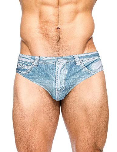 PJ PAUL JONES Men's Sexy Swim Briefs Bikini Denim Print Drawstring Waist Swimwear Boardshorts Light Blue L