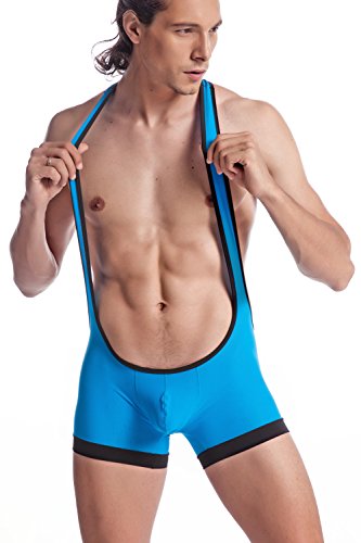 ONEFIT Men's Mankini Bodysuit Jockstrap Sexy Mesh Strap Jacquard Boxer Underwear, Large, Blue