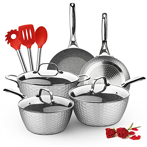 FRUITEAM Nonstick Cookware Set 11-Piece Hammered Kitchen Ware Pots & Pans Set Induction Cooking Pots Even Heating Pans, Oven/Stovetop Safe for Family Meals, Grey