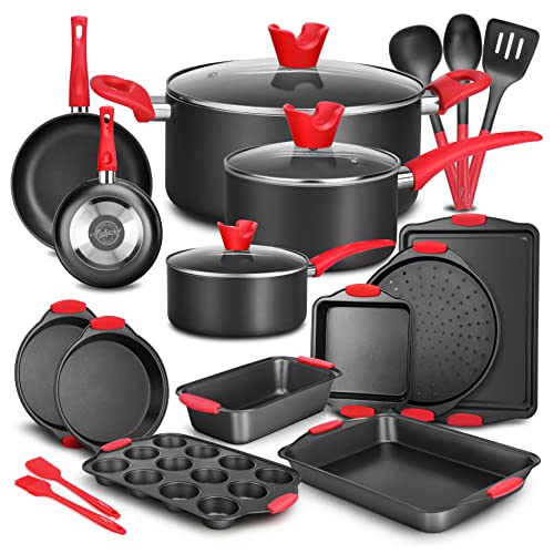 NutriChef w/Heat Red Silicone Handles, Oven Safe, 21 Piece Set, Black