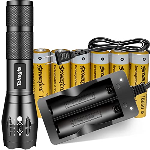 Tokeyla 5 Modes Flashlight with Two-Slot Charger and 6 -Pack 18J Rechargeable Battery Waterproof Handheld Flashlight for Camping Biking Hiking Outdoor Emergency