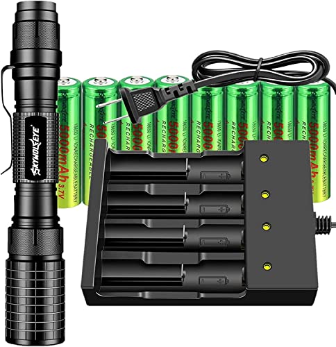 Tokeyla 5 Modes Flashlight 8-pcs Rechargeable Battery and 4 Bay Charger, Super Bright high Lumen Handheld Flashlight Rechargeable for Camping Biking Hiking Outdoor Emergency