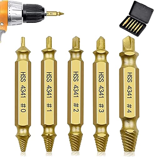 5 Pieces Gold Screw Extractor Kit, Damaged Screw Extractor Kit HSS 4341 High Speed Steel Damaged and Stripped Screw Remover Tool and Drill Bit Set, Broken or Stripped Screws