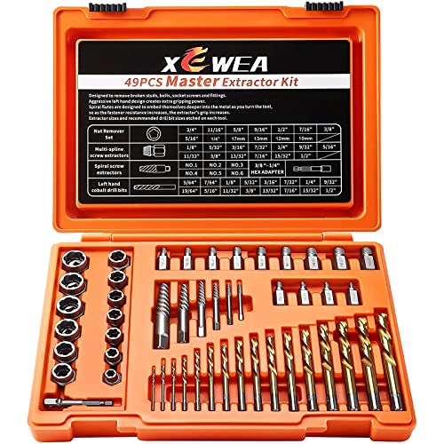 XEWEA 49PCS Screw & Bolt Extractor Set with Left Hand Drill Bit Set, Multi-Spline Easy Out Broken Bolt Remover Tools for Damaged Stripped Rounded-Off Bolts, Socket Screws, Nut, Studs and Fittings