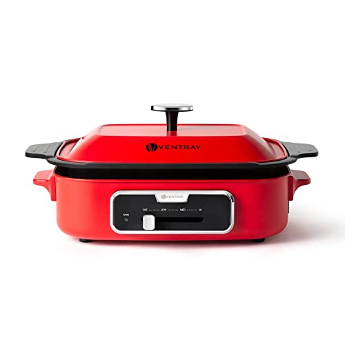 Ventray Smokeless Indoor Grill 1200W Electric Grill Korean BBQ Grill Compact & Portable Non-stick BBQ Grill with Removable Pan, Recipe Book, Easy Temperature Control - Red