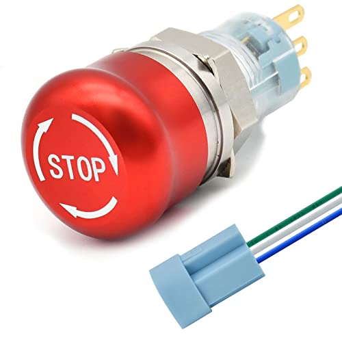 16mm Latching Emergency Stop Push Button Switch Mushroom Stianless Steel Red with Stop Sign 1NO 1NC 0.63" Mounting Hole (16MM Small Head)