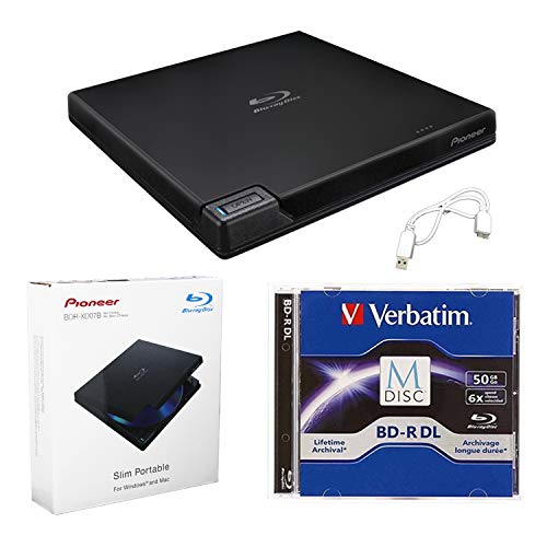 Produplicator Pioneer BDR-XD07B Portable 6X Blu-ray Burner External Drive Bundle with 50GB M-DISC BD-R DL and USB Cable - Burns CD DVD BD DL BDXL Discs