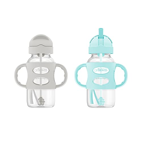 Dr. Browns Milestones Wide-Neck Sippy Straw Bottle with 100% Silicone Handles, 9oz/270mL, Gray & Green, 2 Pack, 6m+