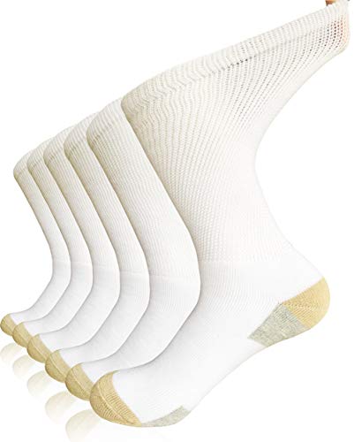 MOLAX Mens Diabetic Socks Non-Binding Crew Socks Warm Cushioned Adjustable Quarter Sox for Edema Thick Ankle Diabetes, White/Khaki(3 Pairs), Sock size 10-13