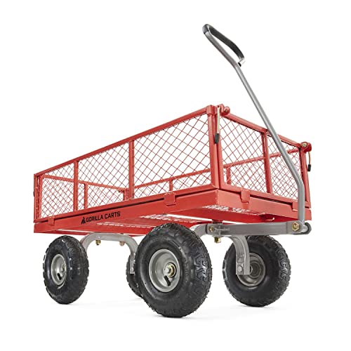 Gorilla Cart 800 Pound Capacity Heavy Duty Durable Steel Mesh Convertible Flatbed Garden Outdoor Hauling Utility Wagon Cart, Red