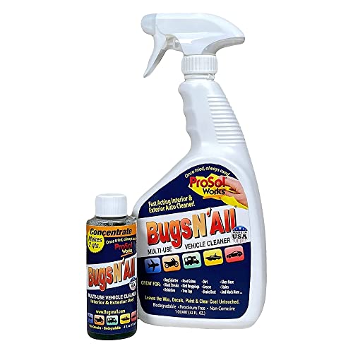 PROSOL WORKS Bugs N' All Bug & Tar Remover for all Vehicles - Multi Surface Cleaner Spray Concentrate 4 oz w/Empty Cleaning Spray Bottle 32 oz - Interior & Exterior Car Cleaner Car Detailing Solution