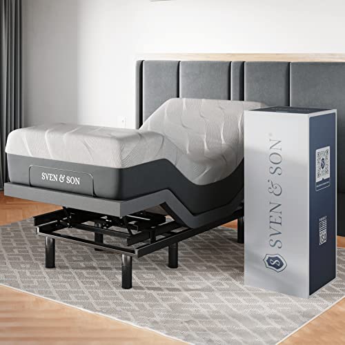 Sven & Son Twin XL Adjustable Bed Base Frame + 14 Luxury Cool Gel Memory Foam Hybrid Mattress, Head Up Foot Up, USB Ports, Zero Gravity, Interactive Dual Massage, Wireless, Classic (Twin XL)