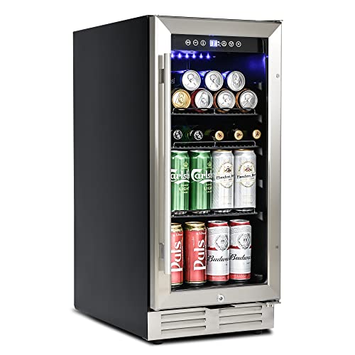 LUMISOL 15" Beverage Refrigerator, Mini Cooler Under Counter Built-in or Freestanding, 120 Cans Capacity Wine Cabinet with Blue Interior Light Adjustable Shelves for Kitchen Bar office