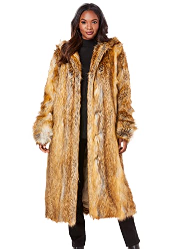 Roaman's Women's Plus Size Full Length Faux-Fur Coat With Hood - 2X, Fox Brown