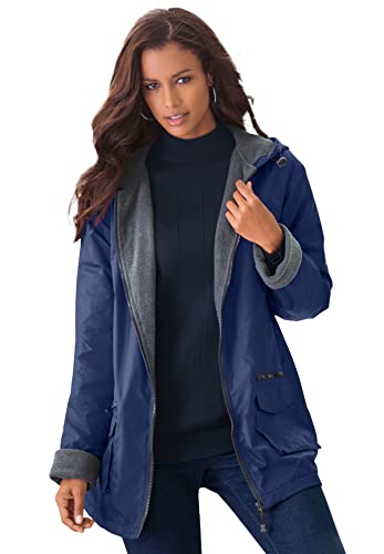 Roaman's Women's Plus Size Hooded Jacket With Fleece Lining Rain Water control - L, Evening Blue