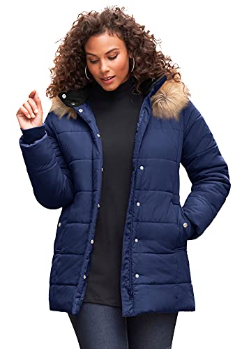 Roaman's Women's Plus Size Classic-Length Puffer Jacket With Hood Winter Coat - M, Evening Blue