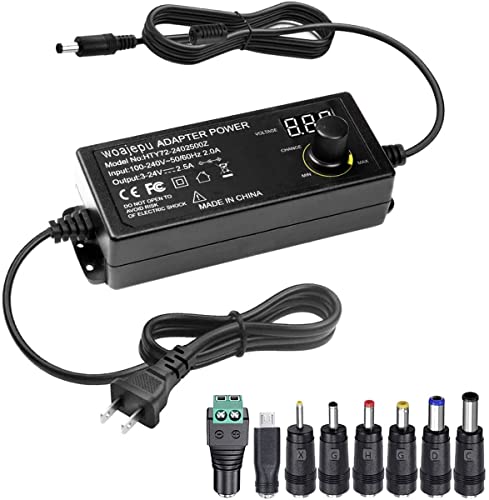 3V ~ 24V 2.5A 60W Power Supply with Volt Diaplay Adjustable DC 3V 5V 6V 9V 12V 15V 16V 18V 19V 20V 24V Variable Universal AC/DC Adapter 100V-240V AC to DC Converter with 8 Selectable Adapter Tips