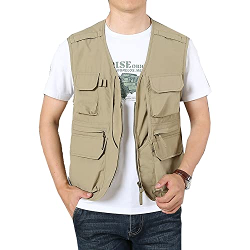 Perbai Mens Utility Cargo Vest Outdoor Summer Work Photo Fishing Safari Vest Waistcoat(Khaki-XL)
