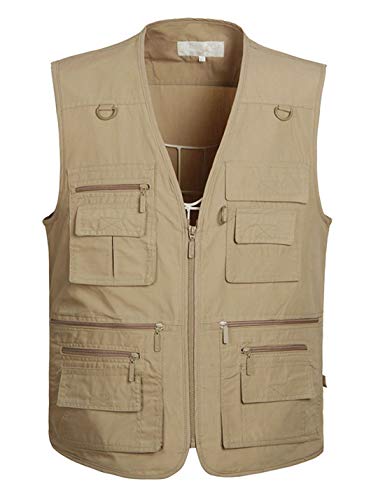 Lentta Men's Fishing Vest Summer Outdoor Work Safari Photo Cargo Vest 14 Pockets(PoplinKhaki-XL)