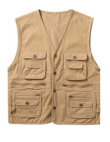 Yimoon Men's Outdoor Vest Cotton Casual Pockets Safari Fishing Vest(Khaki-S)