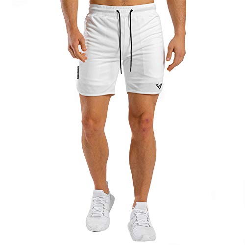 Wangdo Men's Workout Shorts 7" Running Shorts Athletic Bike Shorts Gym Shorts for Men with Zipper Pocket(White-S)
