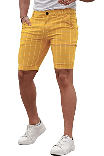 Mens Summer Shorts Pants Plaid Skinny Fit Slim Shorts Men (Yellow,32)