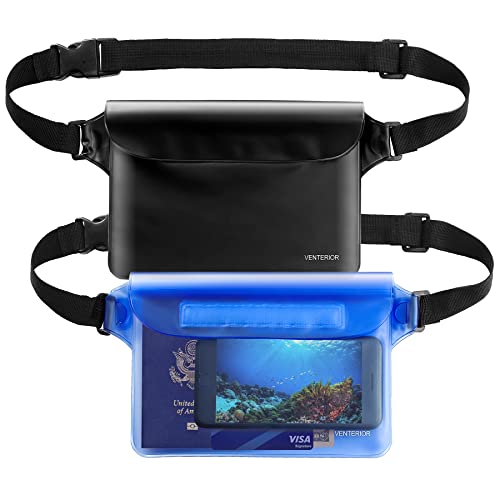 Waterproof Waist Pouch 2-Pack | Beach Accessories Waterproof Fanny Pack Dry Bag for Swimming Snorkeling Sailing Kayaking Pool Water Parks | Keep Your Phone Wallet Safe and Dry (Blue & Black)