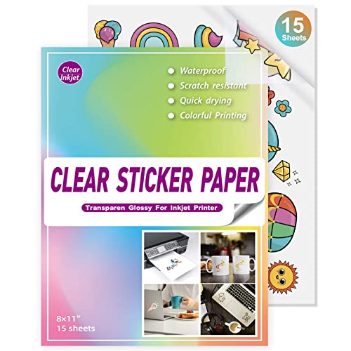 Clear Sticker Paper for Inkjet Printer - 15 Sheets (8.5" x 11") Translucent Waterproof Printable Vinyl Sticker Paper for DIY Personalized Stickers Holds Ink Beautifully & Dries Quickly