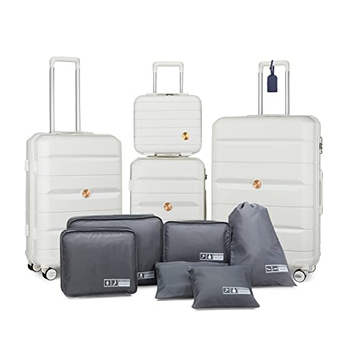 Somago Luggage Sets 3 Piece Spinner Hardside PP Suitcase with TSA Lock 4 Piece Set with 6 Set Packing Cubes for Travel (Creamy White)