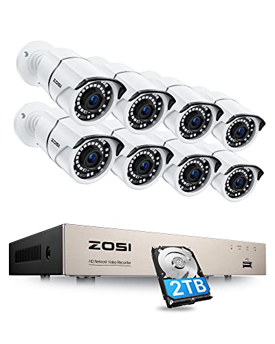 ZOSI 8CH 5MP PoE Home Security Cameras System with 2TB Hard Drive,H.265+ 5MP 8-Channel NVR Security System and 8pcs Wired 5MP Outdoor Weatherproof 120ft Night Vision PoE IP Cameras for 24/7 Recording